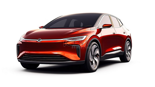 白色背景下红色无品牌电动汽车的 3D 渲染创意设计前视图