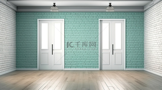 门地板背景图片_当代阁楼白色门和薄荷砖墙补充木地板 3D 渲染