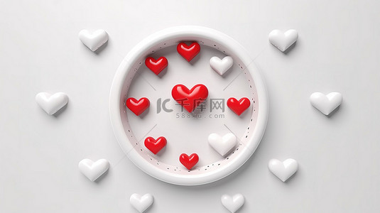情人节的当代 3D 渲染，漂浮的白心与简约的白色圆圈背景是爱的象征