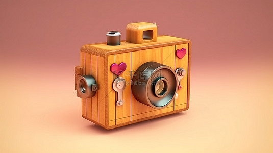 现代年轻背景图片_带心针的复古相机 3D 渲染木制摄影工具和友谊符号的图像