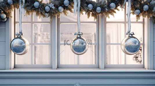 节日圣诞节 d cor 装饰在封闭的窗户上详细的 3d 渲染