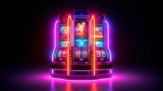 游戏老虎机背景图片_带霓虹灯和卡片的未来扑克老虎机的 3D 插图