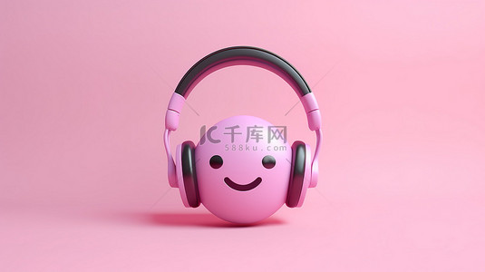 戴着表情符号的耳机在浅粉色背景下干扰音乐的 3D 渲染