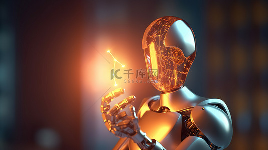 创意概念背景图片_拿着灯泡的机器人象征着 3D 渲染中的创意概念