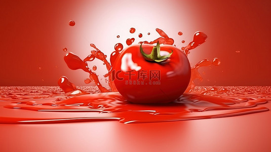 植物番茄背景图片_多汁的番茄注入红色背景，搭配各种酱汁番茄酱番茄酱和飞溅 3D 渲染