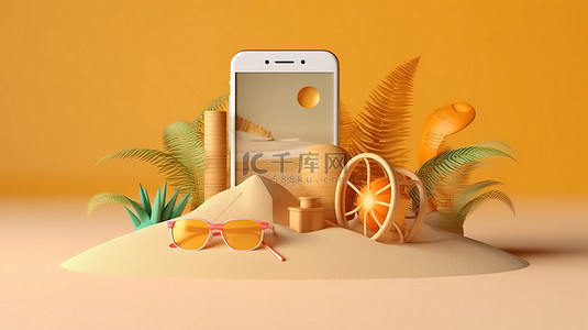 海滩上智能手机模型的 3D 渲染与暑假配件