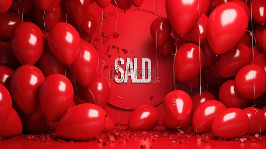 布格背景图片_销售庆典 3d 渲染横幅在红布上，带有红色气球和五彩纸屑背景