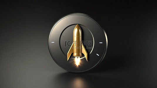 闪亮的金色火箭符号 3D 渲染圆形钥匙按钮，用于 ux ui 设计
