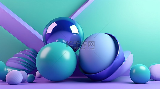 浅蓝色模板背景图片_浅蓝色背景上蓝色紫色和绿色抽象形状的逼真 3D 渲染