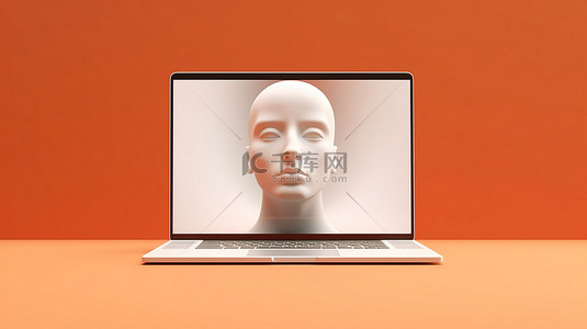 黑客攻击背景图片_微妙而超现实的 3D 描绘，其中包括一台笔记本电脑和屏幕上浮现的一张脸