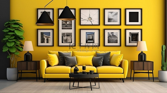 当代黄色客厅，墙壁上装饰着一系列相框和优雅的家具 3D 渲染