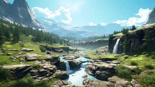 有河流的森林背景图片_宁静山谷的 3D 插图，有悠扬的瀑布岩石地形和蓝天