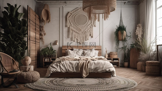 波西米亚长裙背景图片_质朴的魅力与波西米亚别致的农舍卧室相结合，配有斯堪的纳维亚风格的干植物 3D 渲染图像