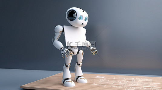 可爱的人工智能机器人与空白屏幕 3D 渲染图像