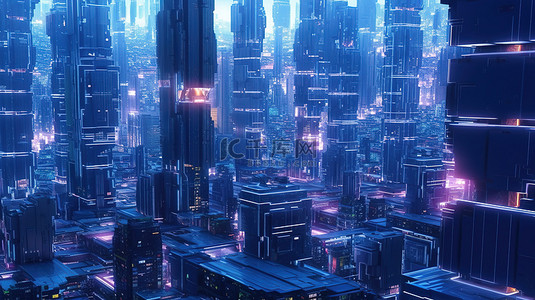 未来城市的 3D 插图，拥有发光的摩天大楼和赛博朋克风格的房屋