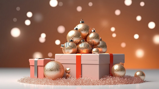 新年快乐、金色背景图片_节日庆典 3D 礼品盒和圣诞装饰品中心舞台，圣诞快乐，新年快乐
