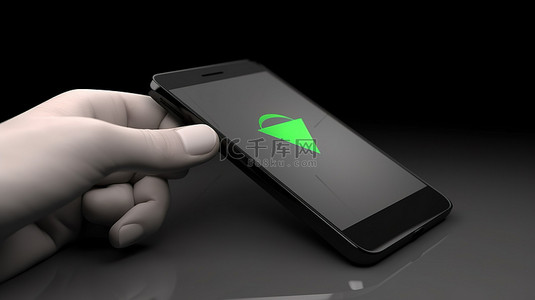 手机卡通手背景图片_智能手机的 3D 渲染，手部显示复选标记图标
