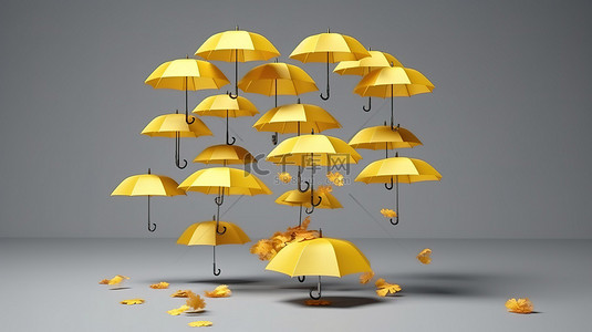 秋天雨天背景图片_秋季意义 3D 渲染黄色雨伞在灰色背景上翱翔，并带有秋季颜色的复制空间