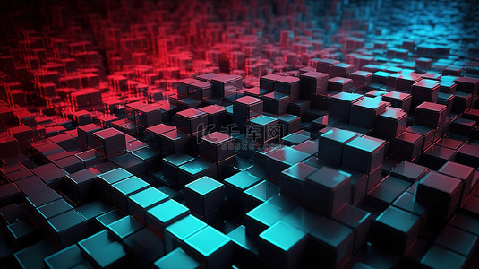 明亮科技背景图片_具有数字技术概念的 3D 渲染抽象背景中由随机立方体和明亮段表示的数据块