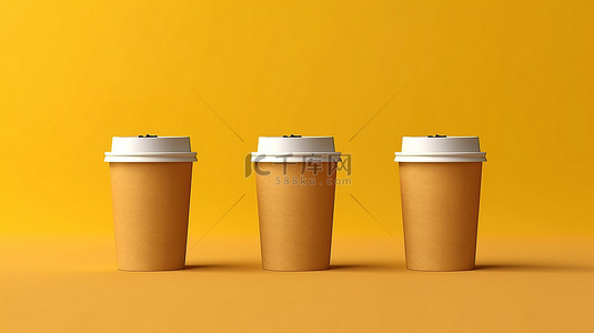 拿铁茶背景图片_充满活力的黄色背景上的外卖咖啡杯的 3D 渲染