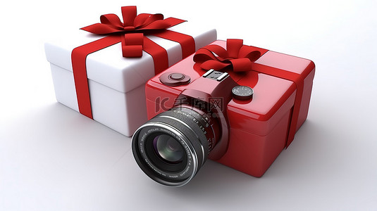 深红色礼品盒中的当代相机，以空白背景 3D 插图为背景