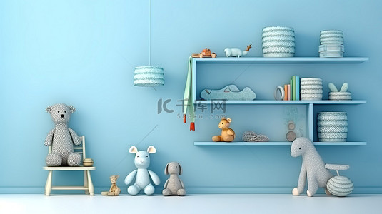 浅蓝色墙壁内部与儿童房装饰的 3d 渲染