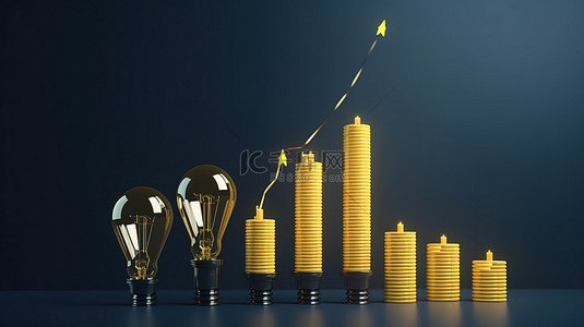 创意简约画背景图片_简约的 3D 渲染黄色灯泡悬挂着图形条和蓝色背景上的硬币堆