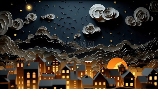 轻松有趣背景图片_诡异的夜空和险恶的云彩 3D 剪纸艺术
