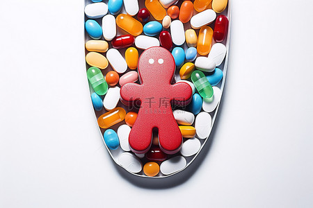 白色背景顶部金属模具中的各种药丸和药片的图像