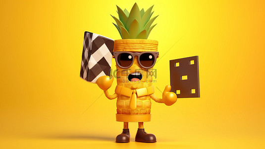 卡通风格的时髦菠萝人物吉祥物的 3D 渲染，在阳光明媚的黄色背景上拿着电影拍板