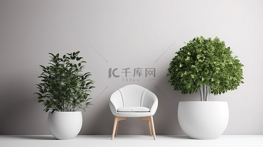 家居清背景图片_令人惊叹的 3D 渲染中的装饰植物和椅子组合