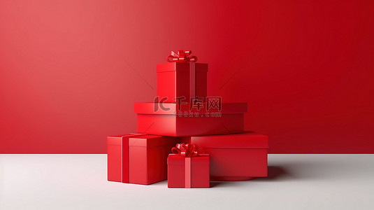 3D 渲染插图充满活力的红色购物盒讲台，背景是堆叠的纸板礼品盒