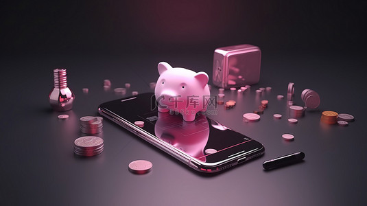 手机银行使汇款到手机钱包存钱罐和硬币的 3d 渲染变得容易