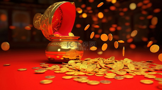 3D 渲染的中国新年设计与掉落的金币和灯笼