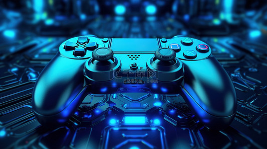 ps游戏机背景图片_3D 渲染背景，具有数字艺术中的蓝色游戏控制器