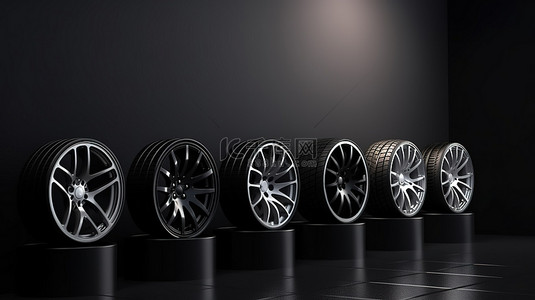 黑色背景下的时尚汽车轮辋 3D 渲染图形用于海报或封面