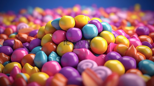 充满活力的糖果背景的 3D 插图，紫色背景上有粉色蓝色和黄色糖果