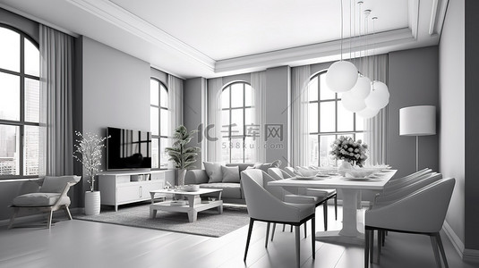 现代简约主义 3D 渲染，展示公寓或公寓中设计精良的起居和用餐区，配有大窗户
