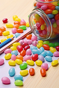 桌上有软心豆粒糖的彩色铅笔