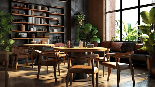 用餐专区背景图片_舒适的咖啡厅用餐区的 3D 渲染