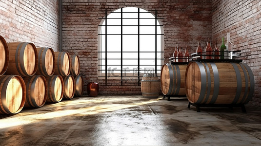 背景葡萄酒背景图片_地窖内部酒桶砖墙和大理石地板的 3D 渲染