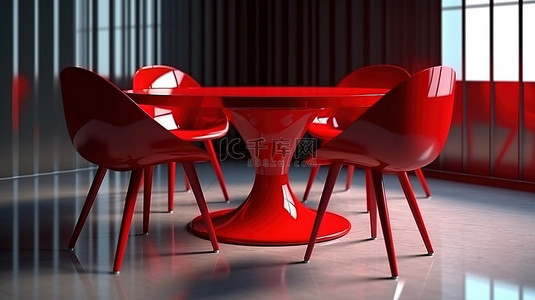 鲜艳的红色背景图片_时尚餐桌和椅子的 3D 渲染，采用鲜艳的红色