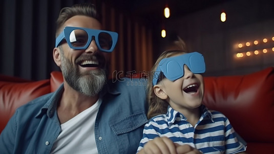眼镜专卖店背景图片_快乐的父子二人在沙发上享受爆米花和微笑的 3D 电影