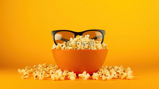 娱乐美食节背景图片_黄色背景，一碗爆米花和 3d 眼镜