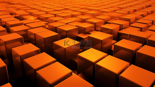 五颜六色的形状背景图片_3D 插图中带有橙色方形立方体行的单色几何背景