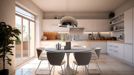 豪华晚餐背景图片_带有 3D 渲染厨房内部的现代用餐区