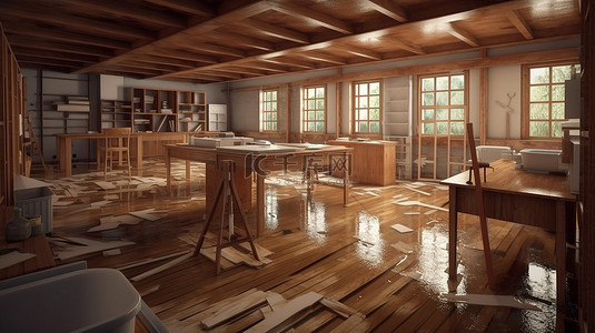 西餐锤子背景图片_3d 设计中完全淹没的木工工作室的数字插图