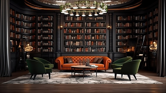 布置典雅的装饰艺术风格的图书馆酒吧，具有现代风格的 3D 渲染