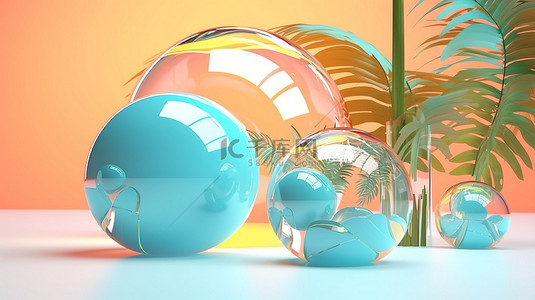 竹叶纹背景图片_光滑的现代玻璃形态夏季背景 3d 渲染