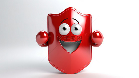 3d 渲染白色背景抽象充电电池，带有红色金属保护盾字符吉祥物